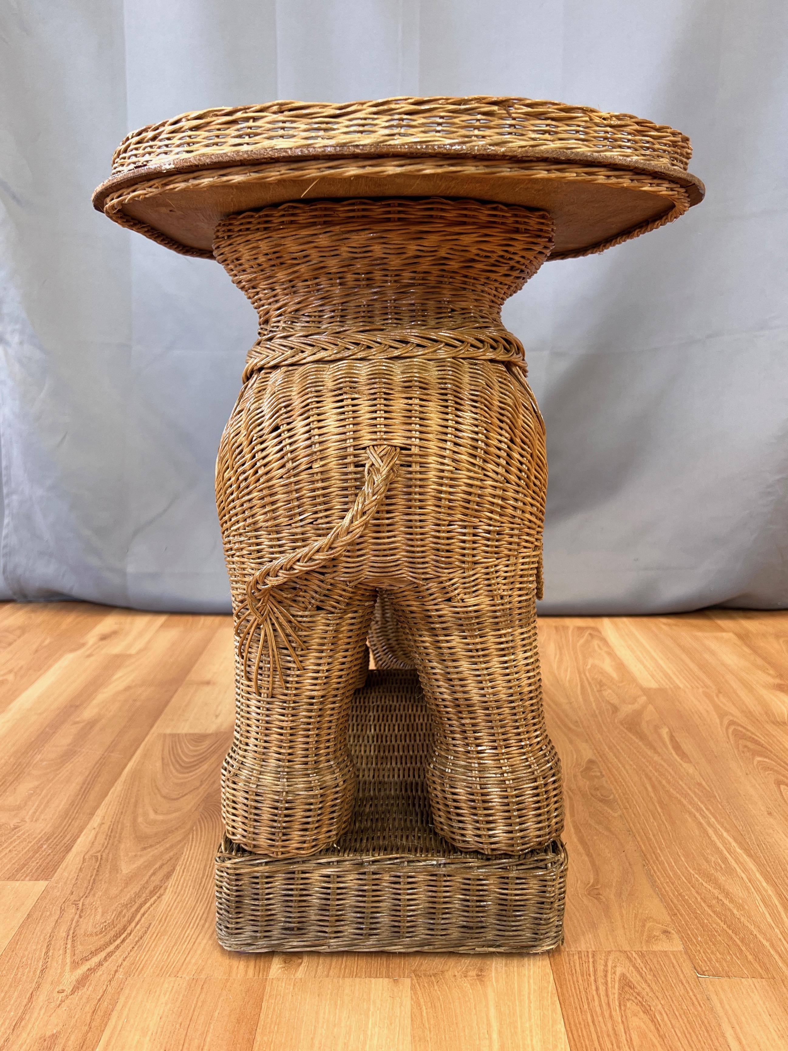 Bohemian Vintage Boho Chic Natural Wicker & Rattan Elephant Side Table with Tray, 1970s