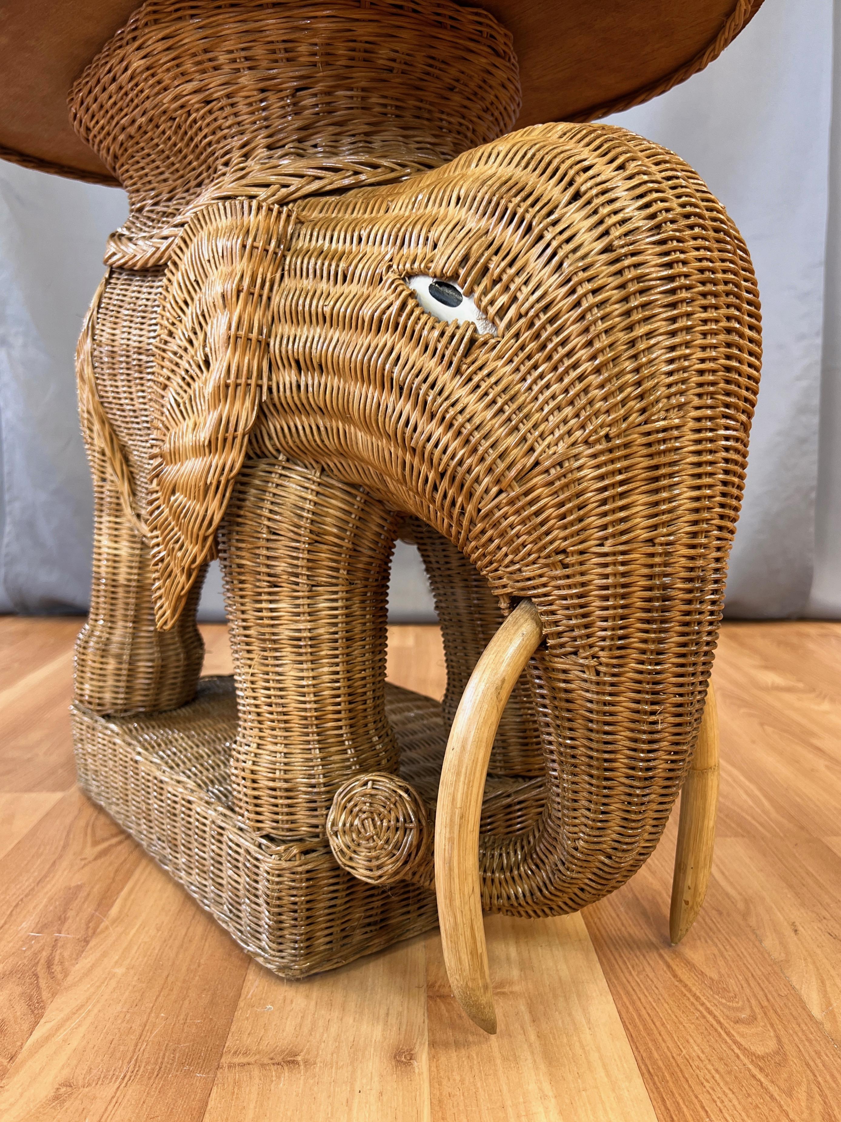 Late 20th Century Vintage Boho Chic Natural Wicker & Rattan Elephant Side Table with Tray, 1970s