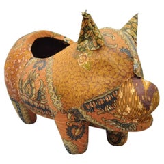 Vintage Boho Chic Paper Mache Pig Planter Pot Orange Fabric Eclectic Collectible