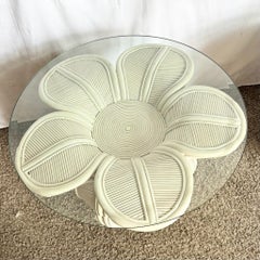 Vintage Boho Chic Pencil Reed Rattan Bell Flower Glass Top Side Tables - A Pair
