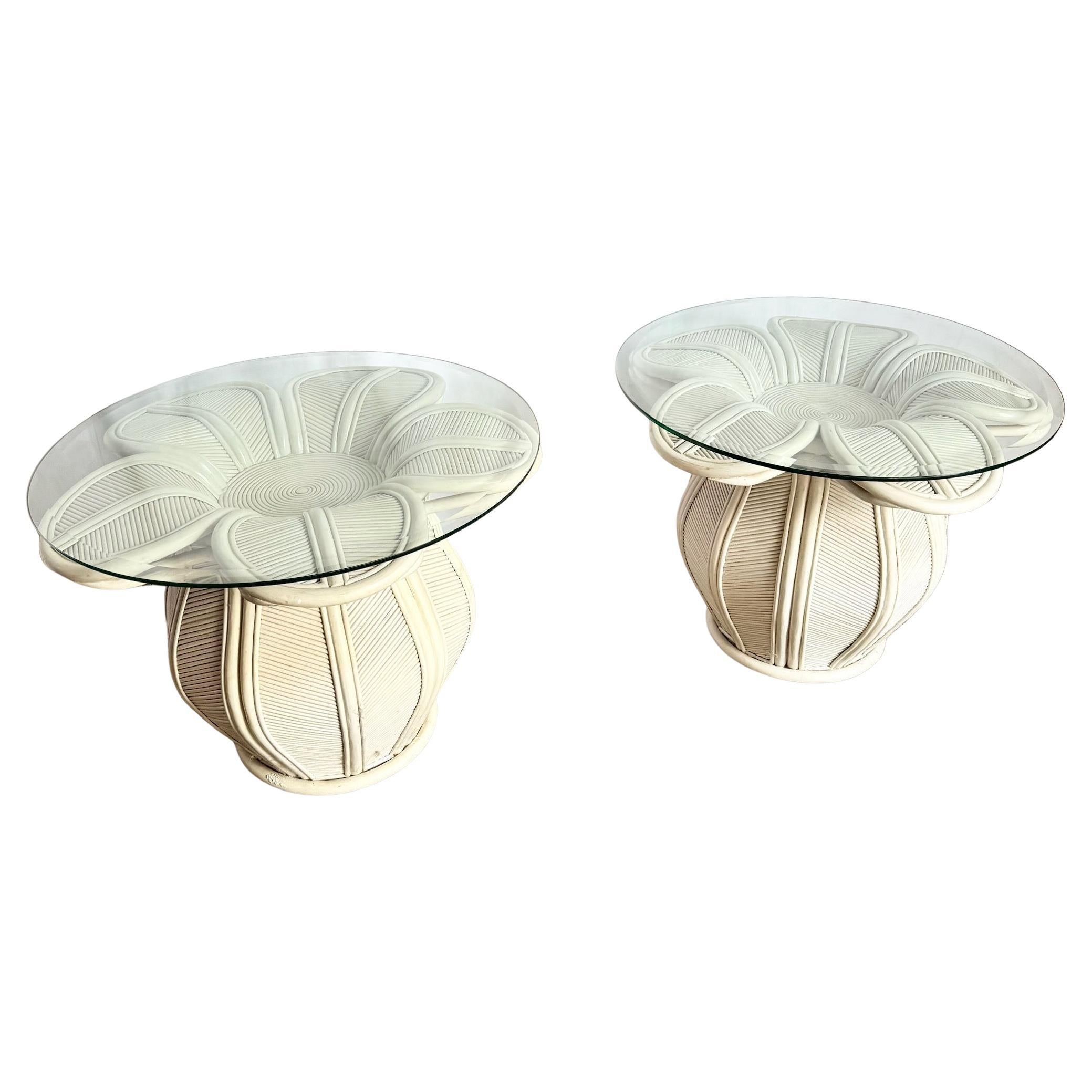 Vintage Boho Chic Pencil Reed Rattan Bell Flower Glass Top Side Tables - A Pair For Sale
