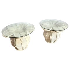 Vintage Boho Chic Pencil Reed Rattan Bell Flower Glass Top Side Tables - A Pair