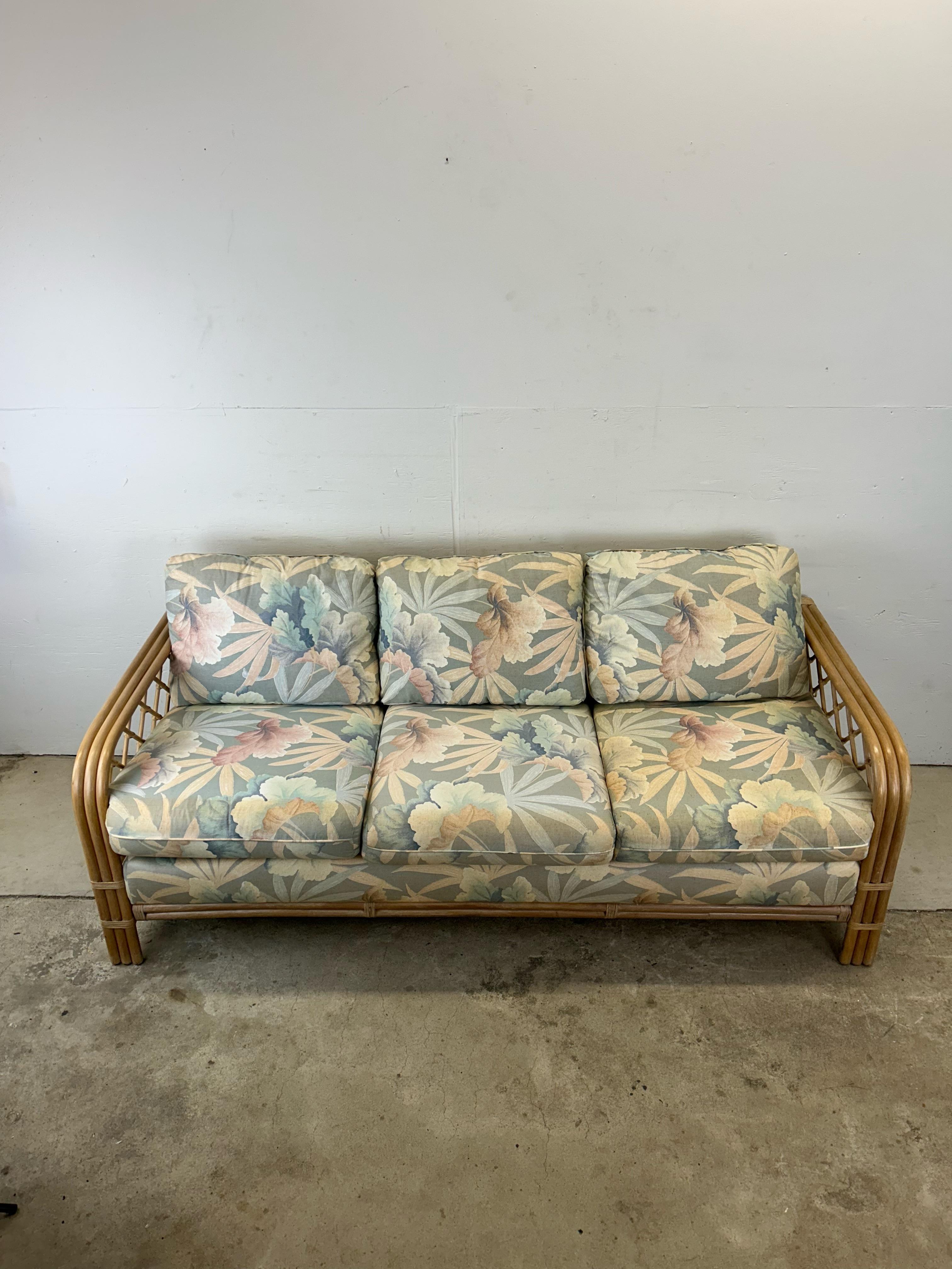 Vintage Boho Chic Rattan 3 Seater Sofa with Floral Upholstery For Sale 7