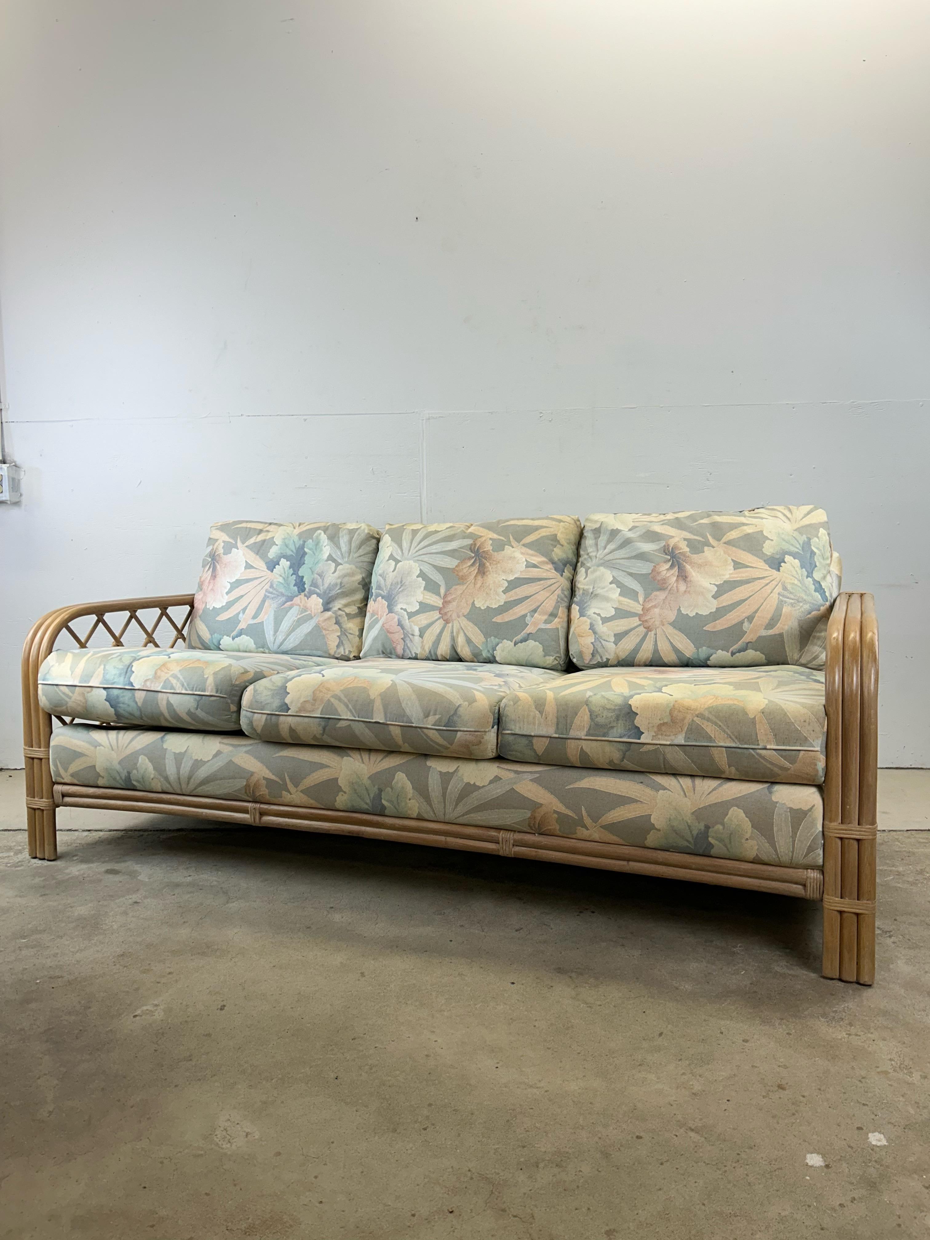 Vintage Boho Chic Rattan 3 Seater Sofa with Floral Upholstery For Sale 14