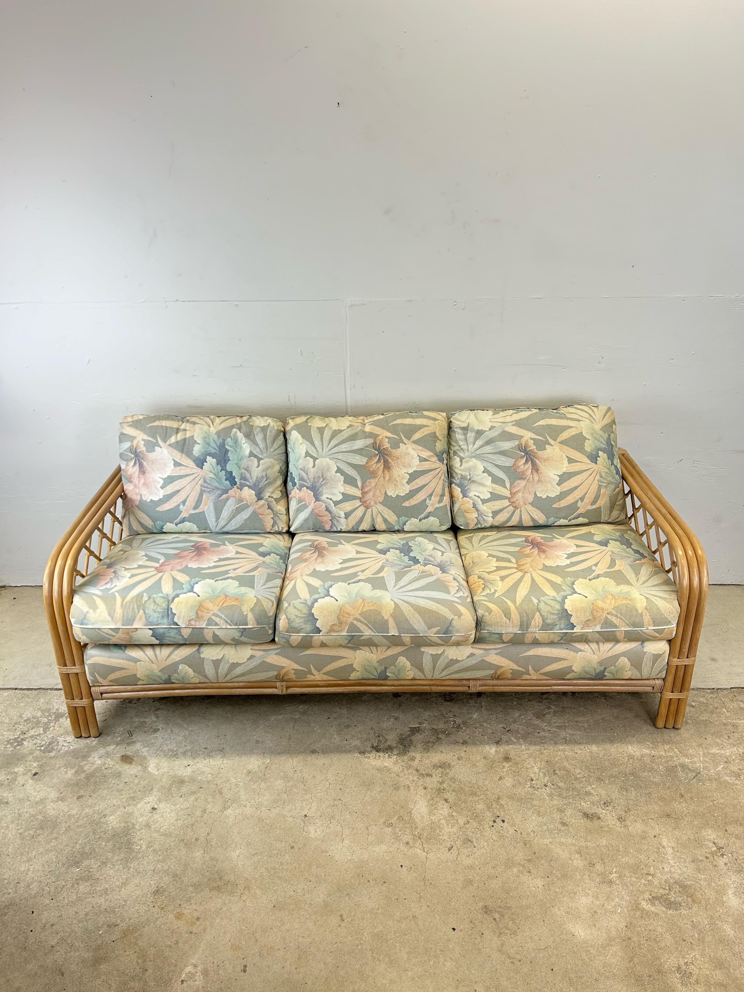 Bohemian Vintage Boho Chic Rattan 3 Seater Sofa with Floral Upholstery For Sale