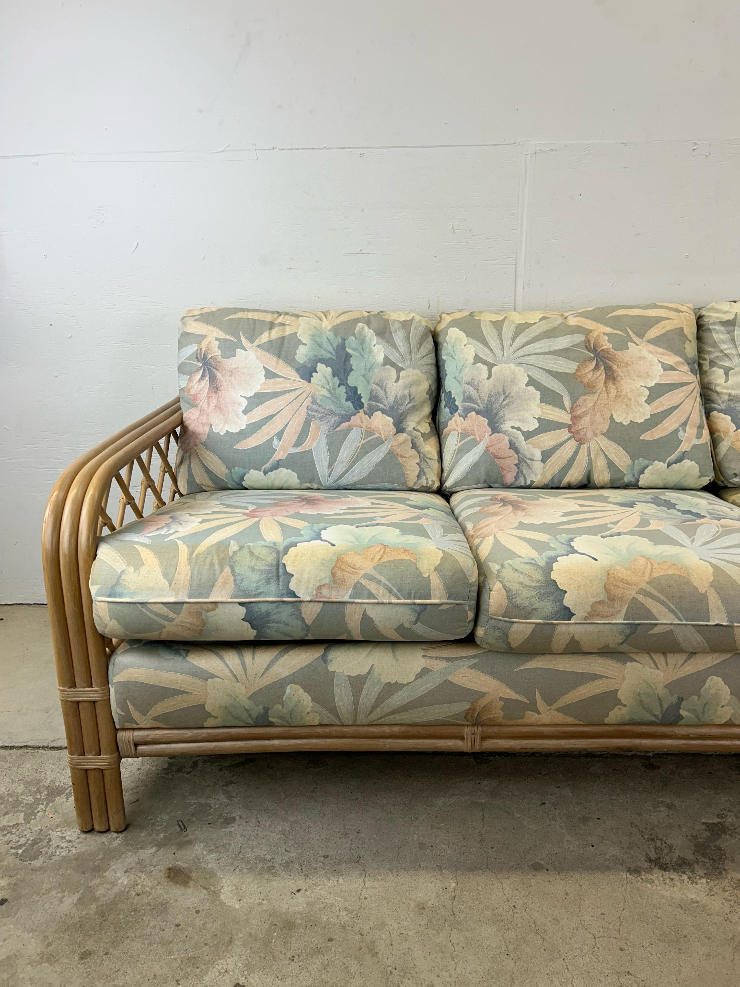 American Vintage Boho Chic Rattan 3 Seater Sofa with Floral Upholstery For Sale