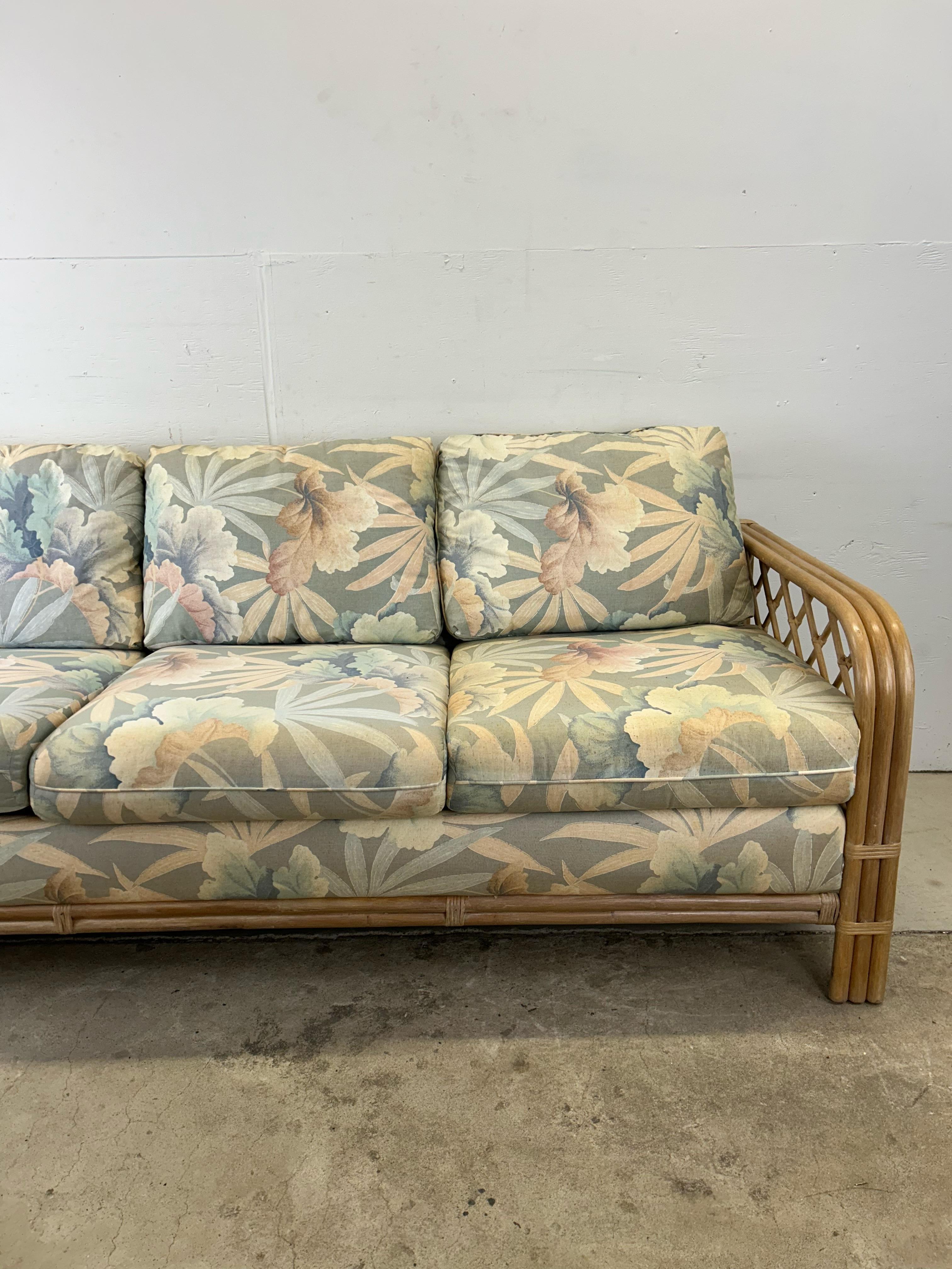 Vintage Boho Chic Rattan 3 Seater Sofa with Floral Upholstery In Good Condition For Sale In Freehold, NJ