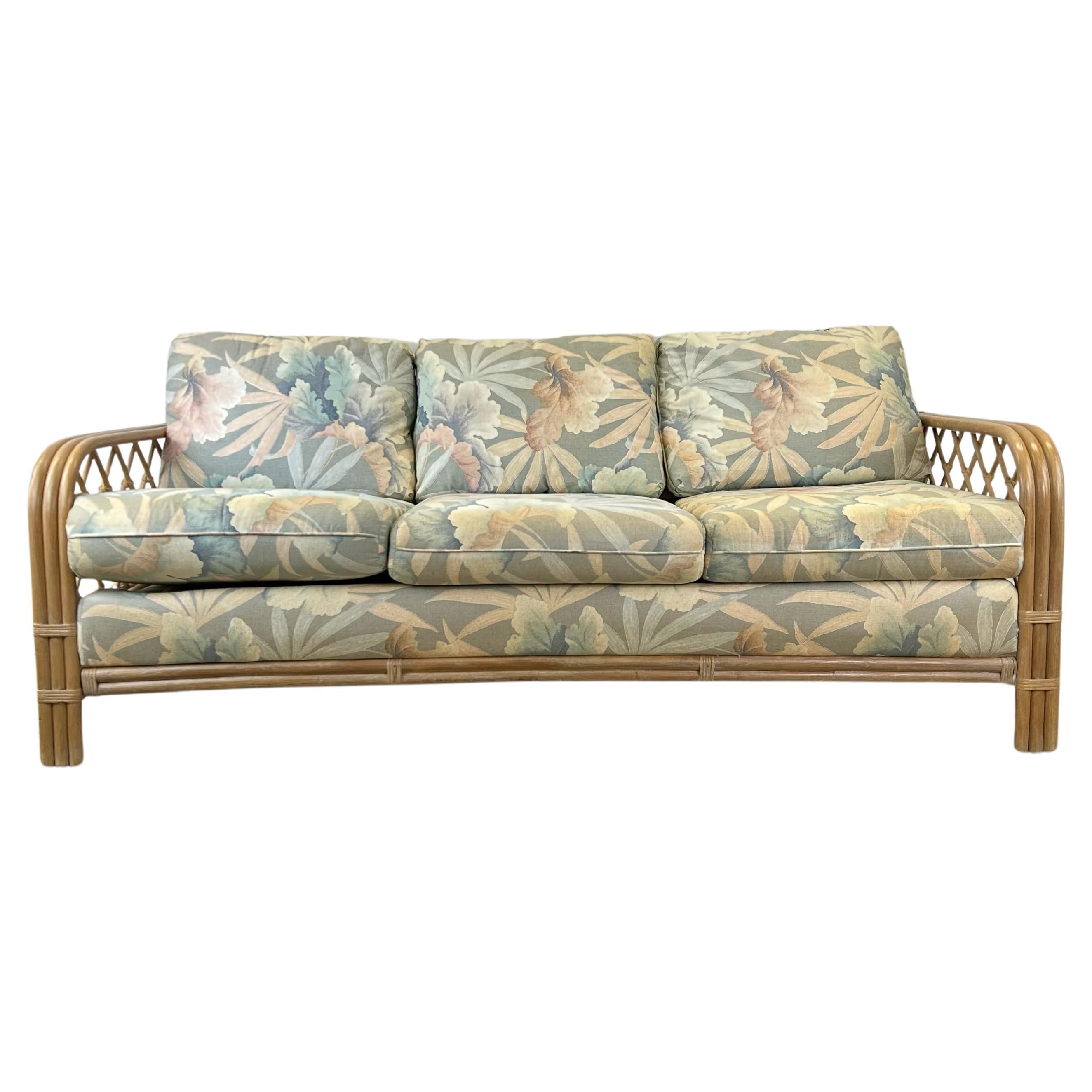 Vintage Boho Chic Rattan 3 Seater Sofa with Floral Upholstery