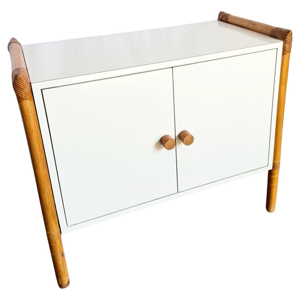 Vintage Boho Chic Rattan and White Laminate Credenza/Cabinet