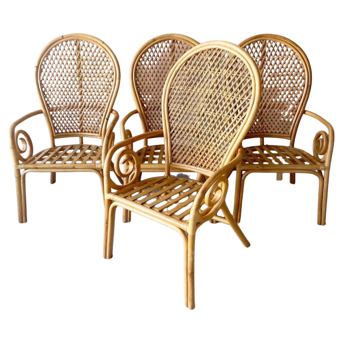 Vintage Boho Chic Rattan Balloon Back Swirl Armchairs, Set of 4