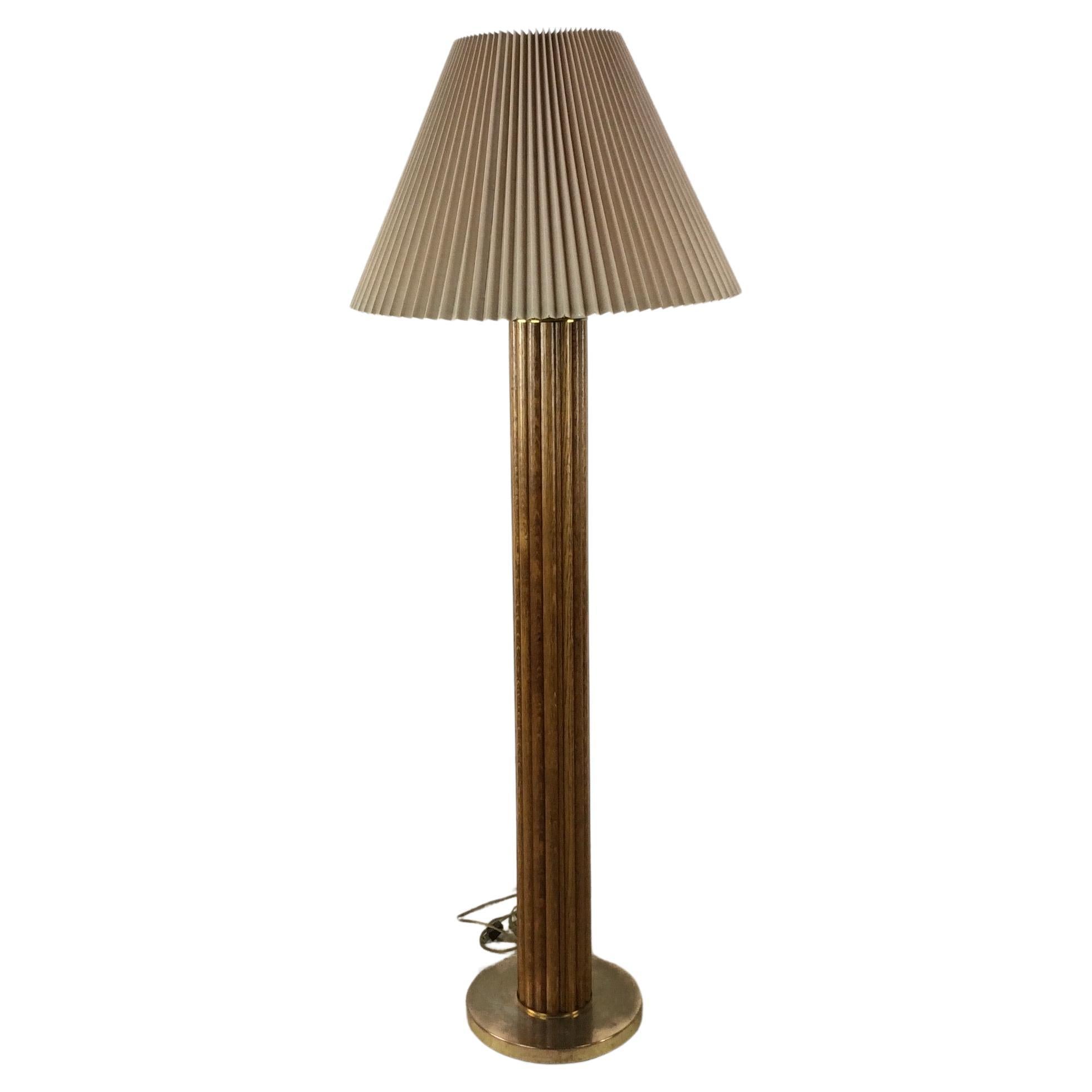 Vintage Boho Chic Rattan Floor Lamp with Pleated Shade For Sale