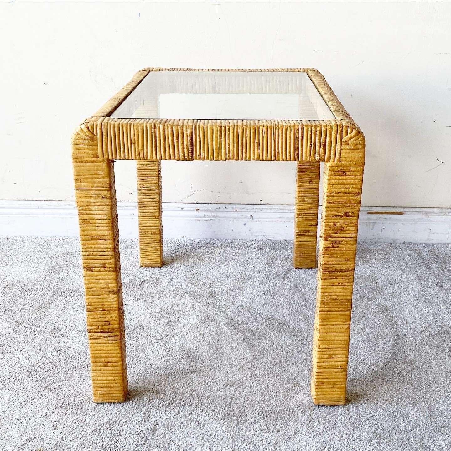 Late 20th Century Vintage Boho Chic Rattan Glass Top Side Table For Sale