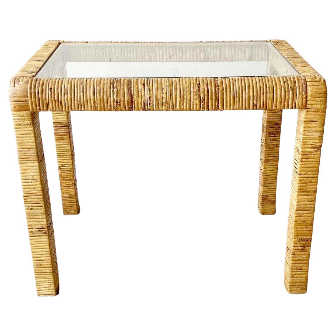 Vintage Boho Chic Rattan Glass Top Side Table For Sale