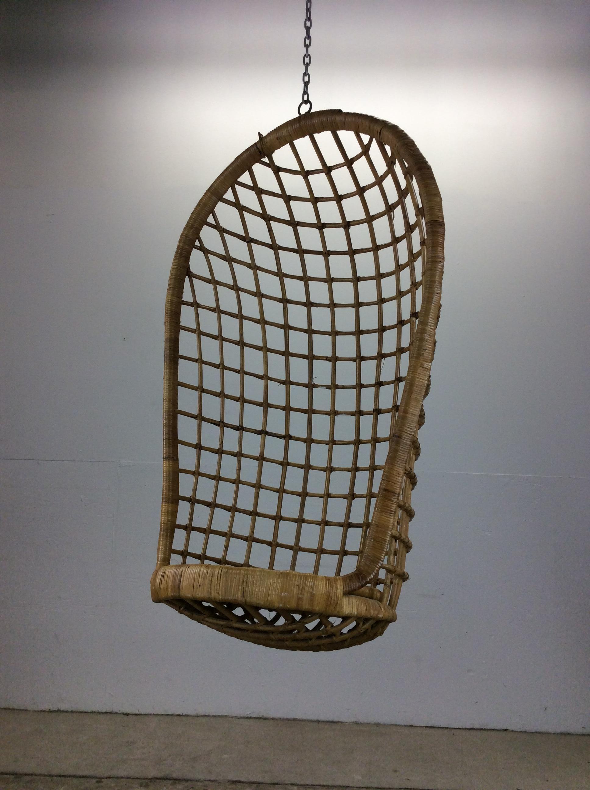 Vintage Boho Chic Rattan Hanging Swing Chair For Sale 9