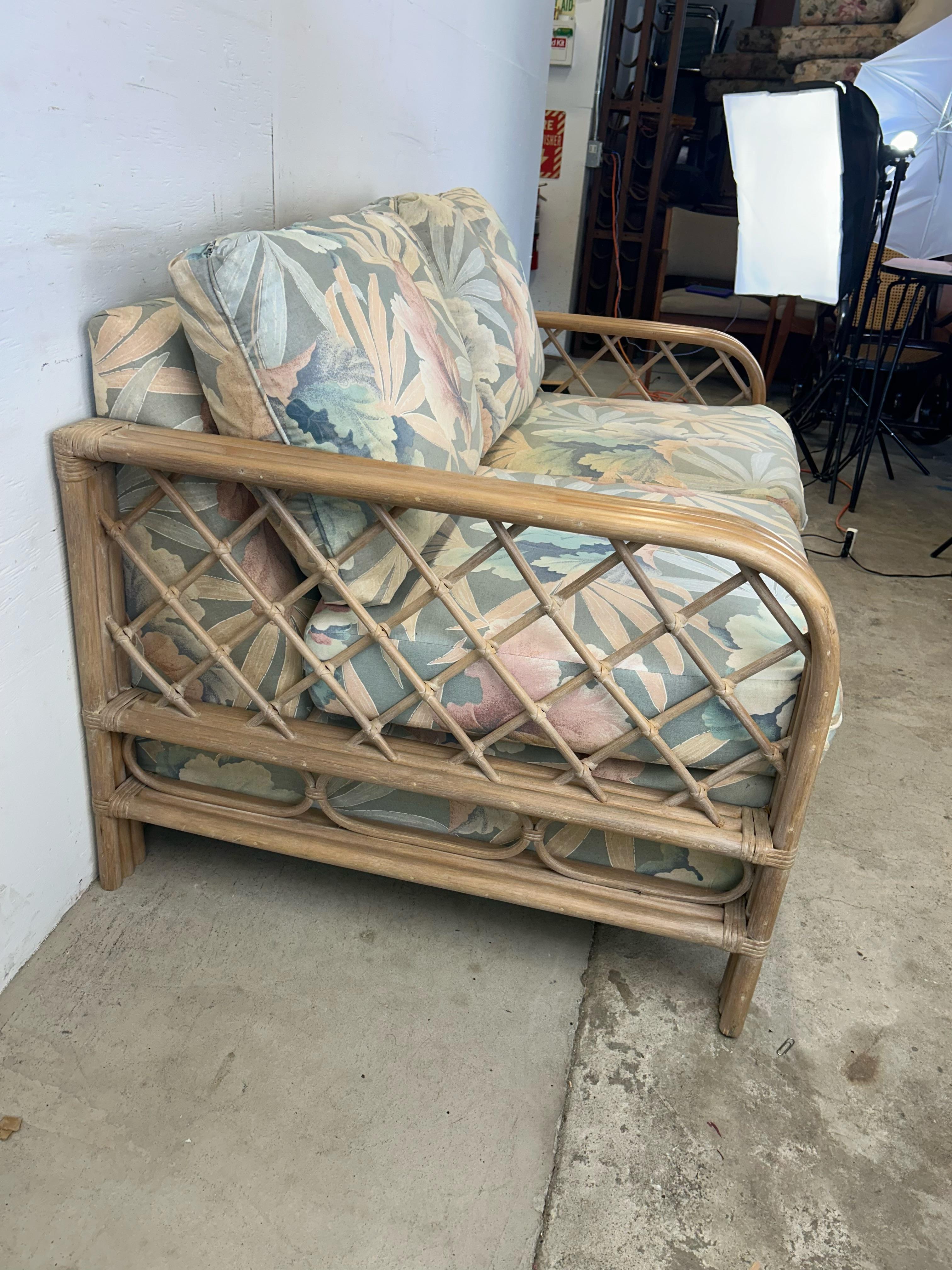 Vintage Boho Chic Rattan Loveseat with Floral Upholstery For Sale 11