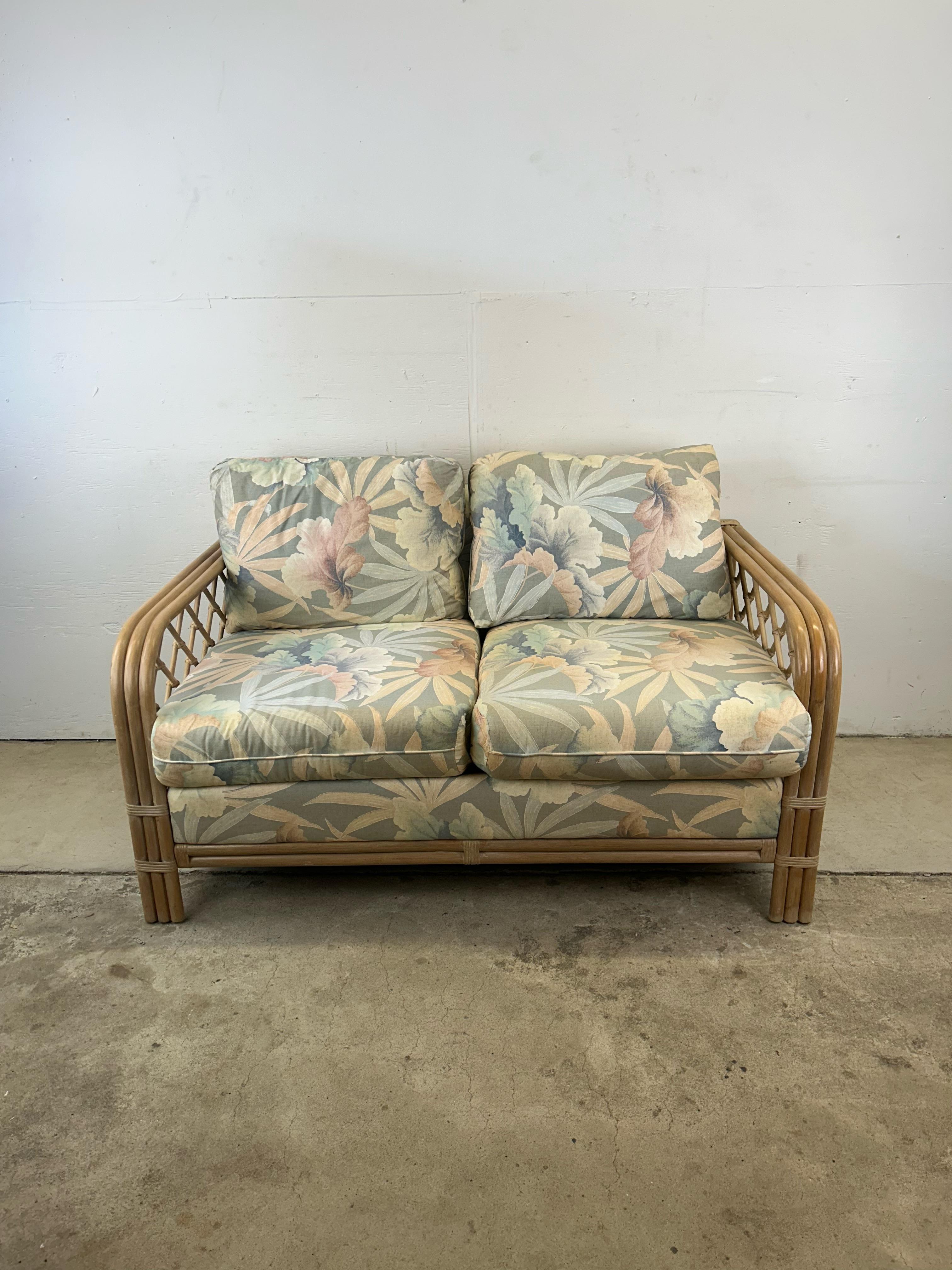 American Vintage Boho Chic Rattan Loveseat with Floral Upholstery For Sale