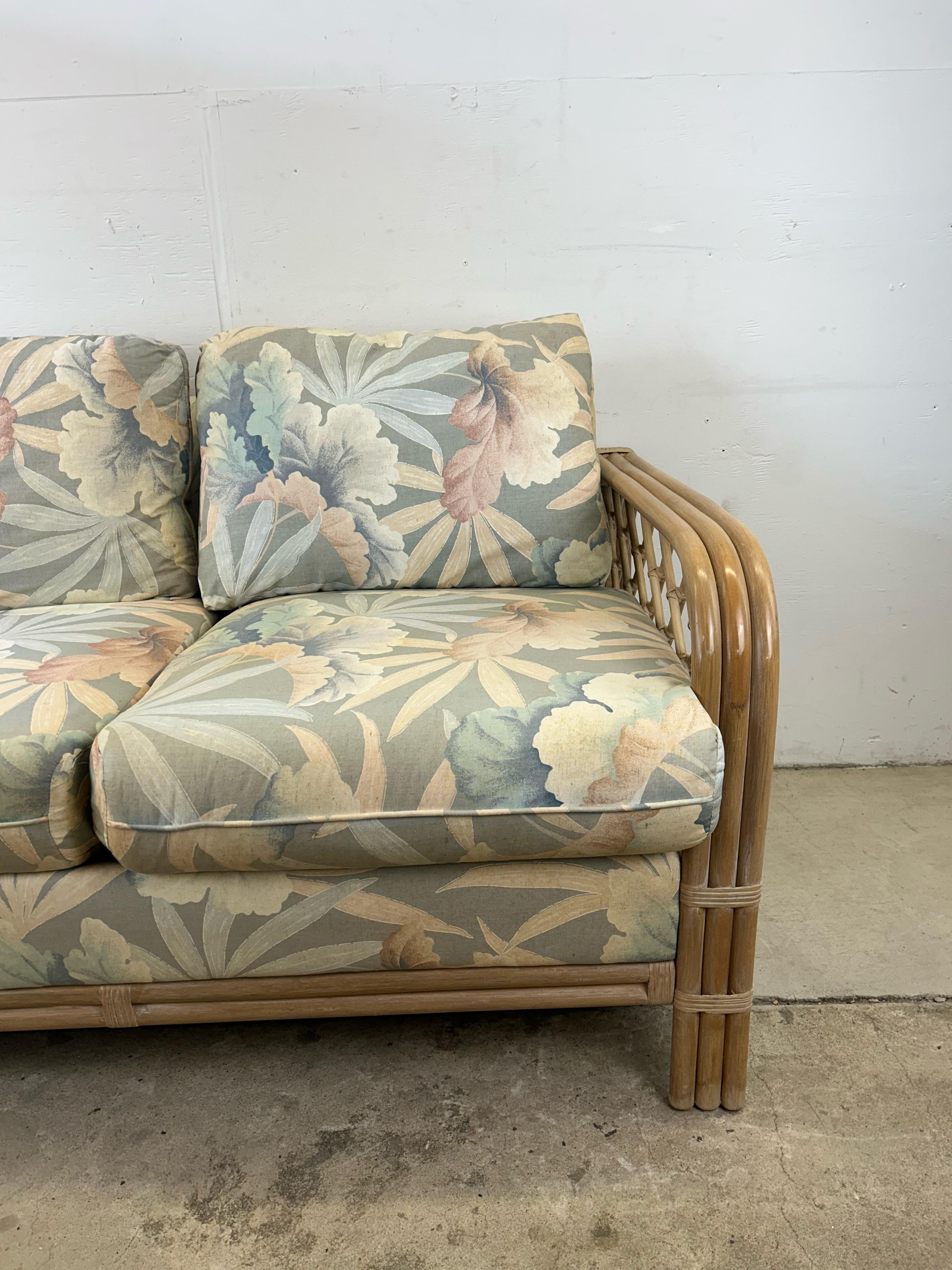 Late 20th Century Vintage Boho Chic Rattan Loveseat with Floral Upholstery For Sale