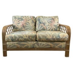 Retro Boho Chic Rattan Loveseat with Floral Upholstery