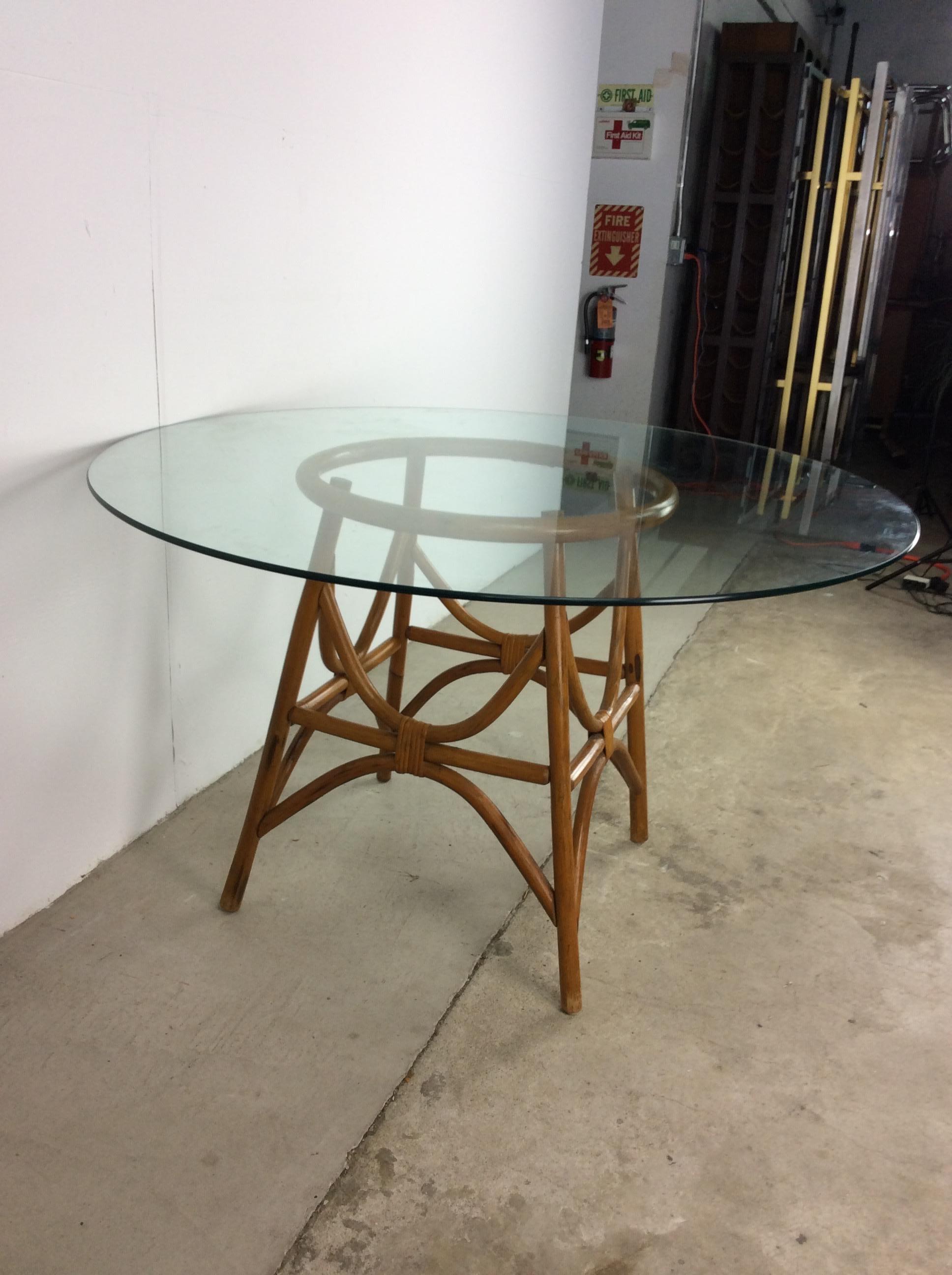 Vintage Boho Chic Rattan Table with Round Glass Top For Sale 5