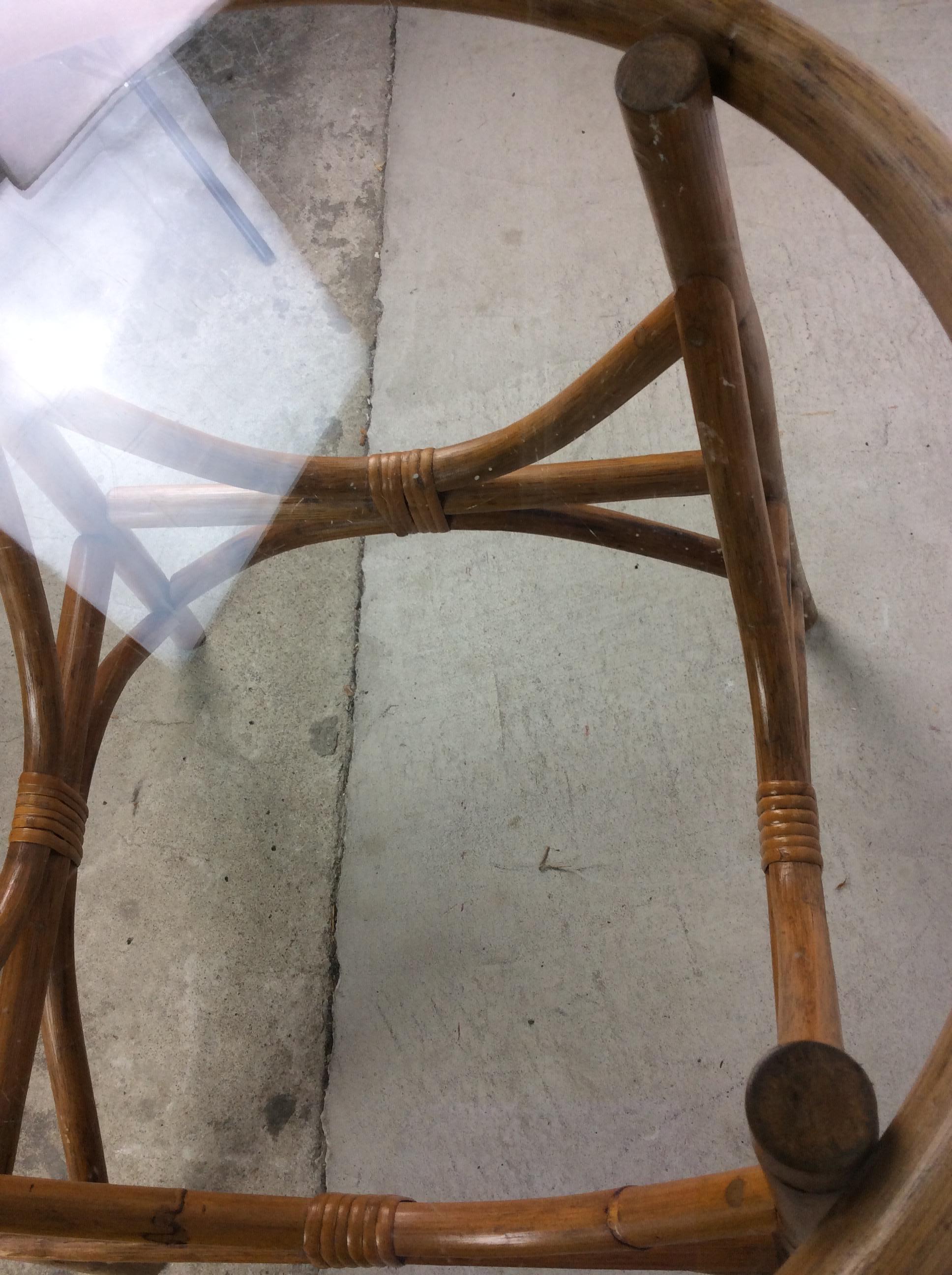 Vintage Boho Chic Rattan Table with Round Glass Top For Sale 12