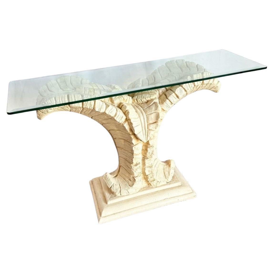 Vintage Boho Chic Resin Banana Leaf Glass Top Console Table For Sale
