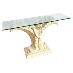 Vintage Boho Chic Resin Banana Leaf Glass Top Console Table