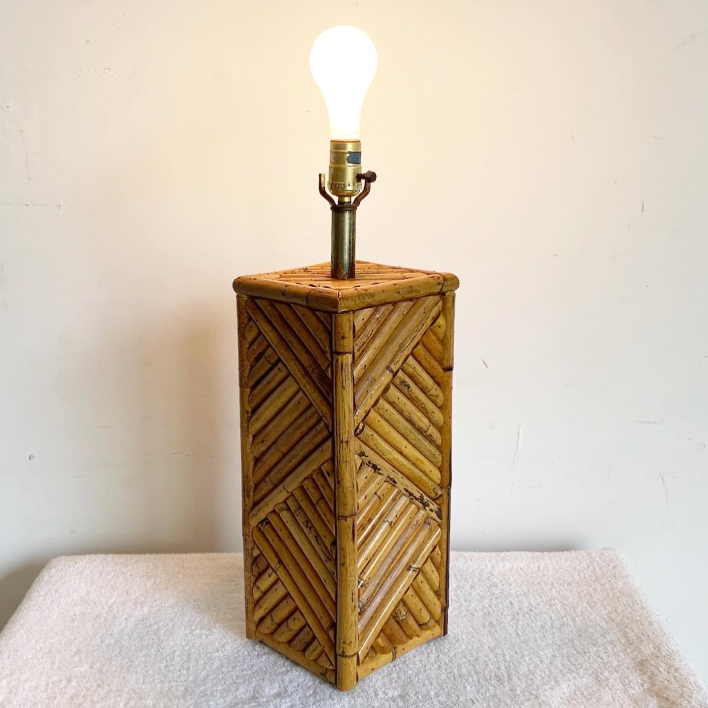 Infuse your space with the enchanting vintage bohemian charm of our handmade split bamboo table lamp. Featuring a fantastic inlaid pattern of bamboo, this lamp adds a touch of natural beauty and illuminates any room with style.

Enchanting vintage