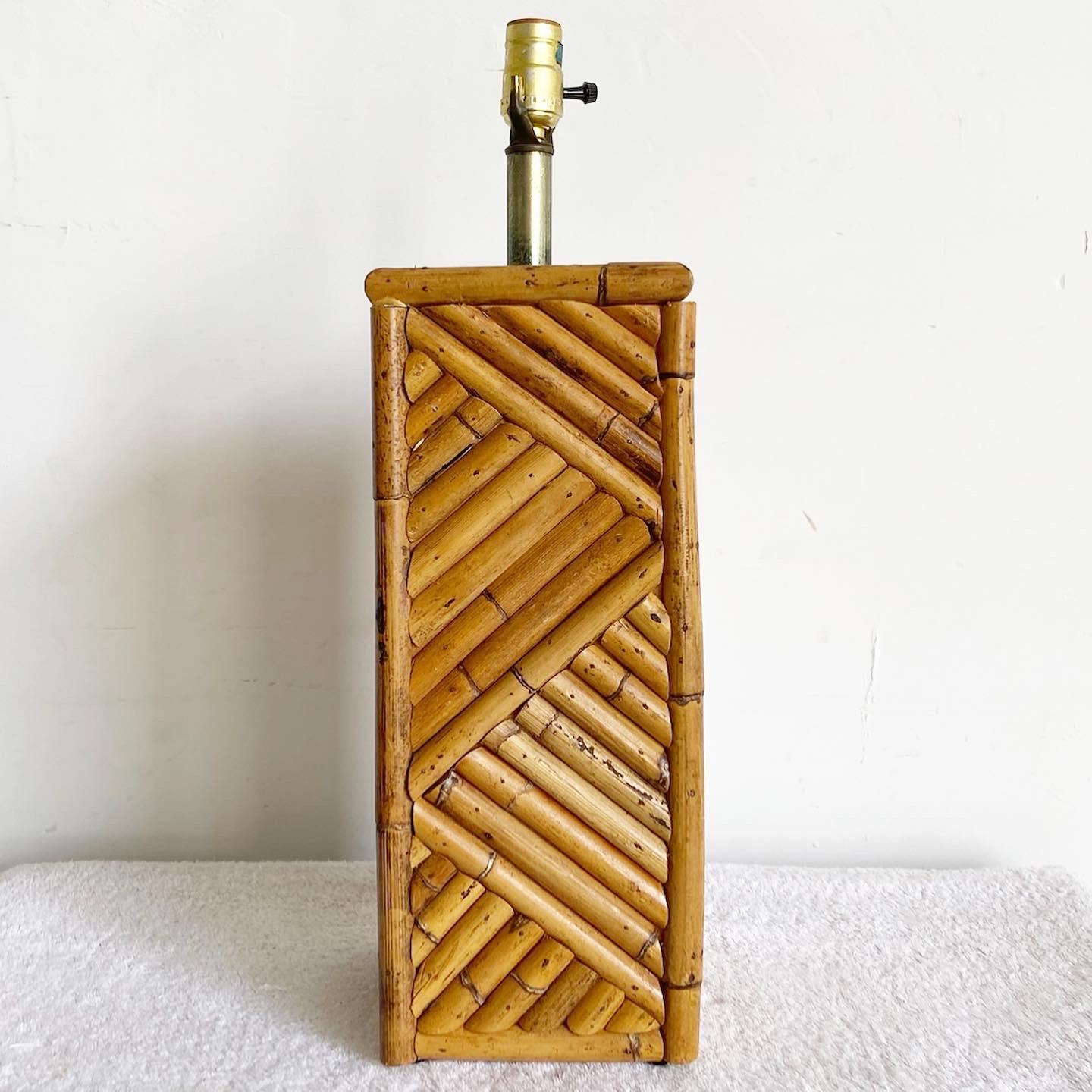 Late 20th Century Vintage Boho Chic Split Bamboo Table Lamp - Handmade, Inlaid Pattern For Sale