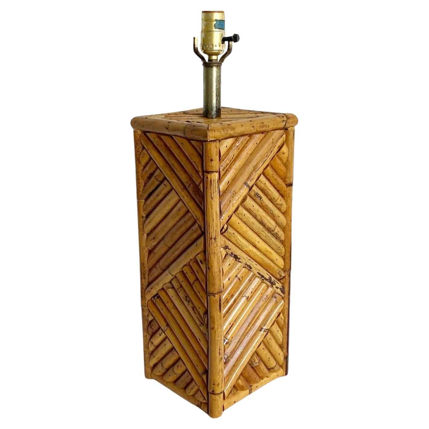 Vintage Boho Chic Split Bamboo Table Lamp - Handmade, Inlaid Pattern For Sale