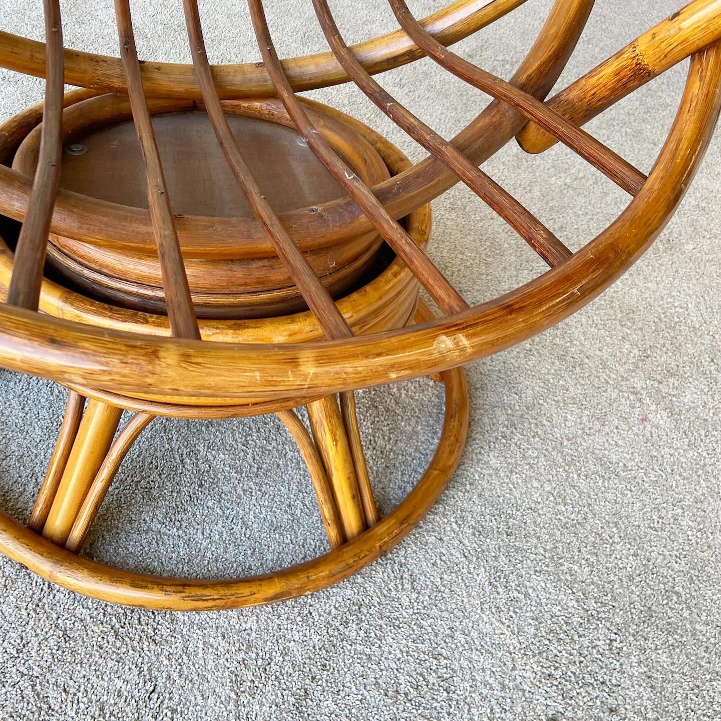 Vintage Boho Chic Swivel Bamboo Rattan Papasan Chair with Foot Rest In Good Condition In Delray Beach, FL