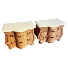 Vintage Boho Chic Tessellated Stone Top Wicker Nightstands by Whitecraft