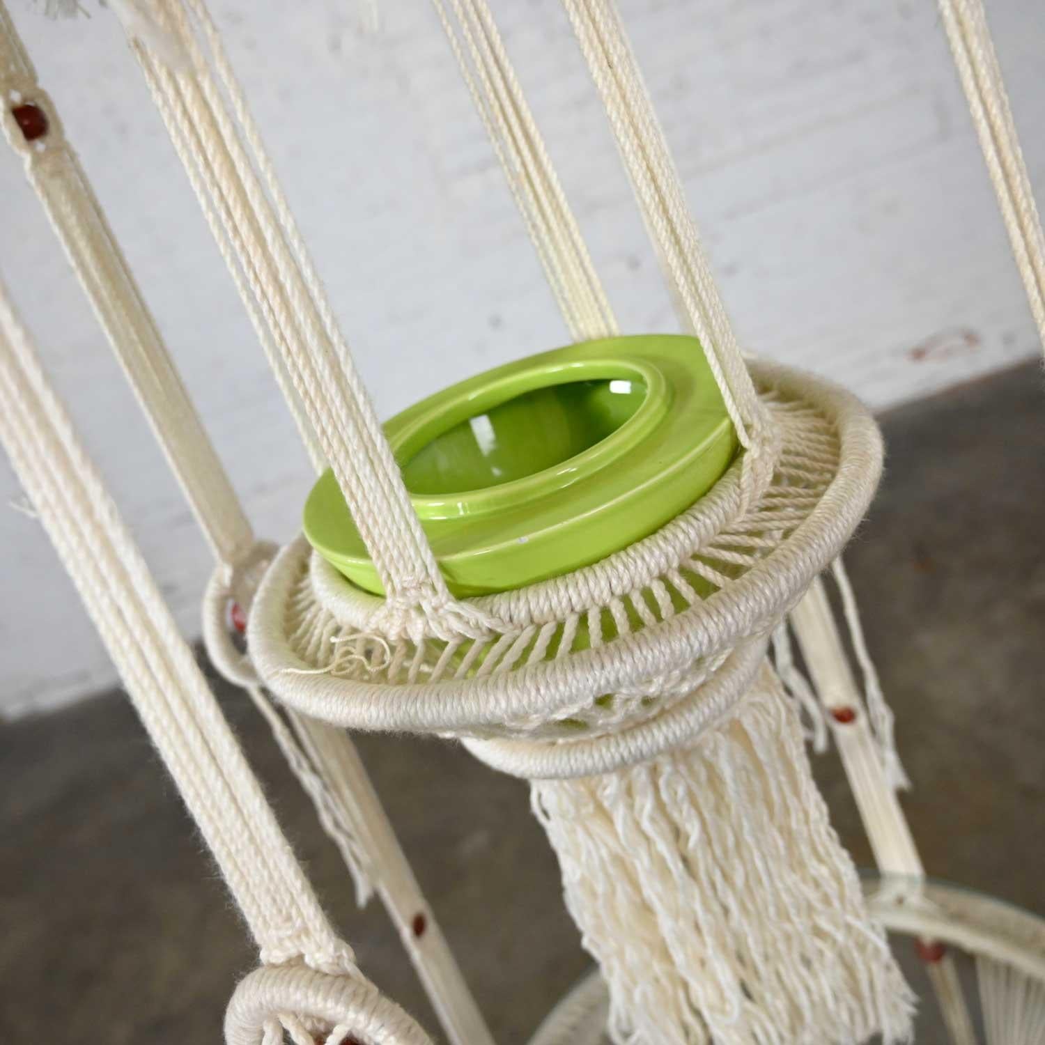 Vintage Boho Chic White Cord Macramé Hanging Table & Round Glass Top & Green Pot 3