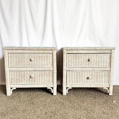 Vintage Boho Chic White Washed Wicker Glass Top Nighstands - A Pair