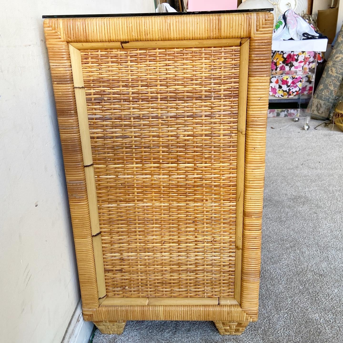 Vintage Boho Chic Wicker and Rattan Glass Top Dresser In Good Condition In Delray Beach, FL