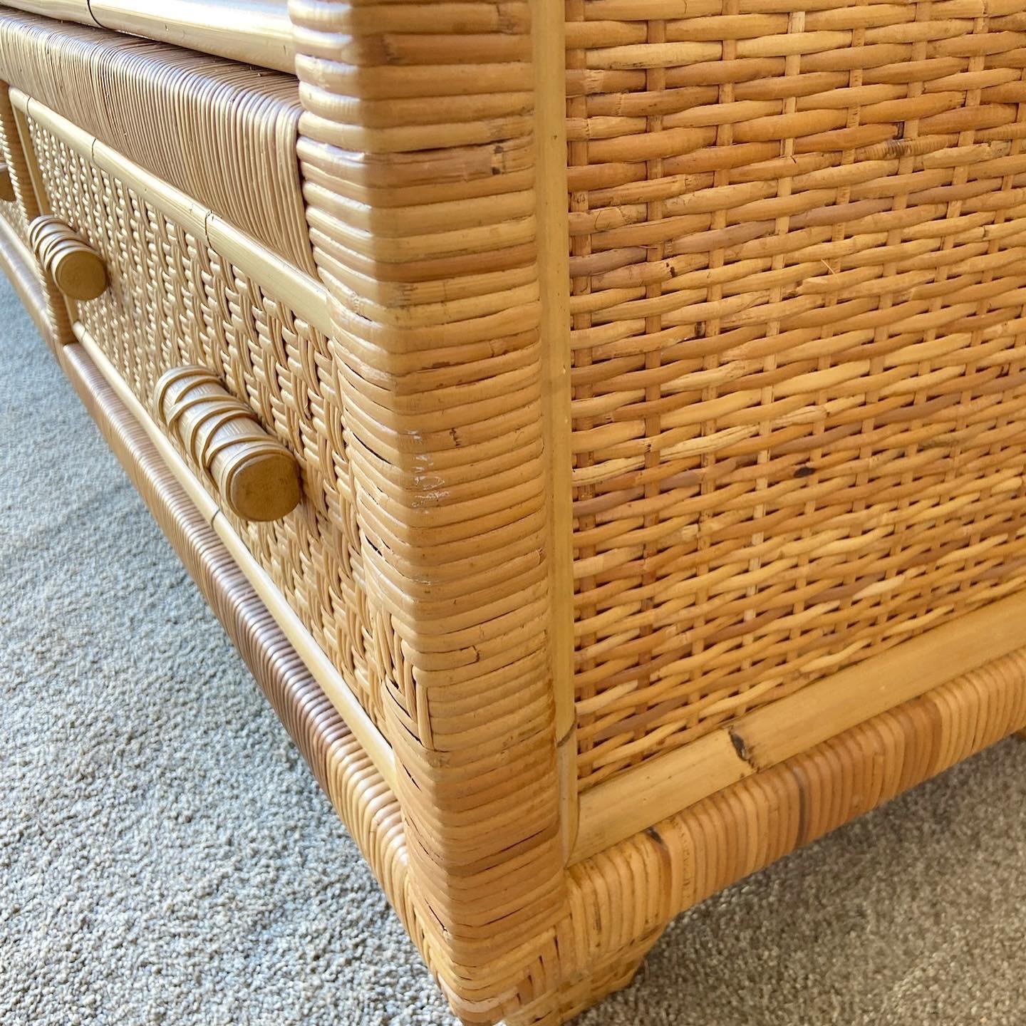 Vintage Boho Chic Wicker and Rattan Glass Top Dresser 1