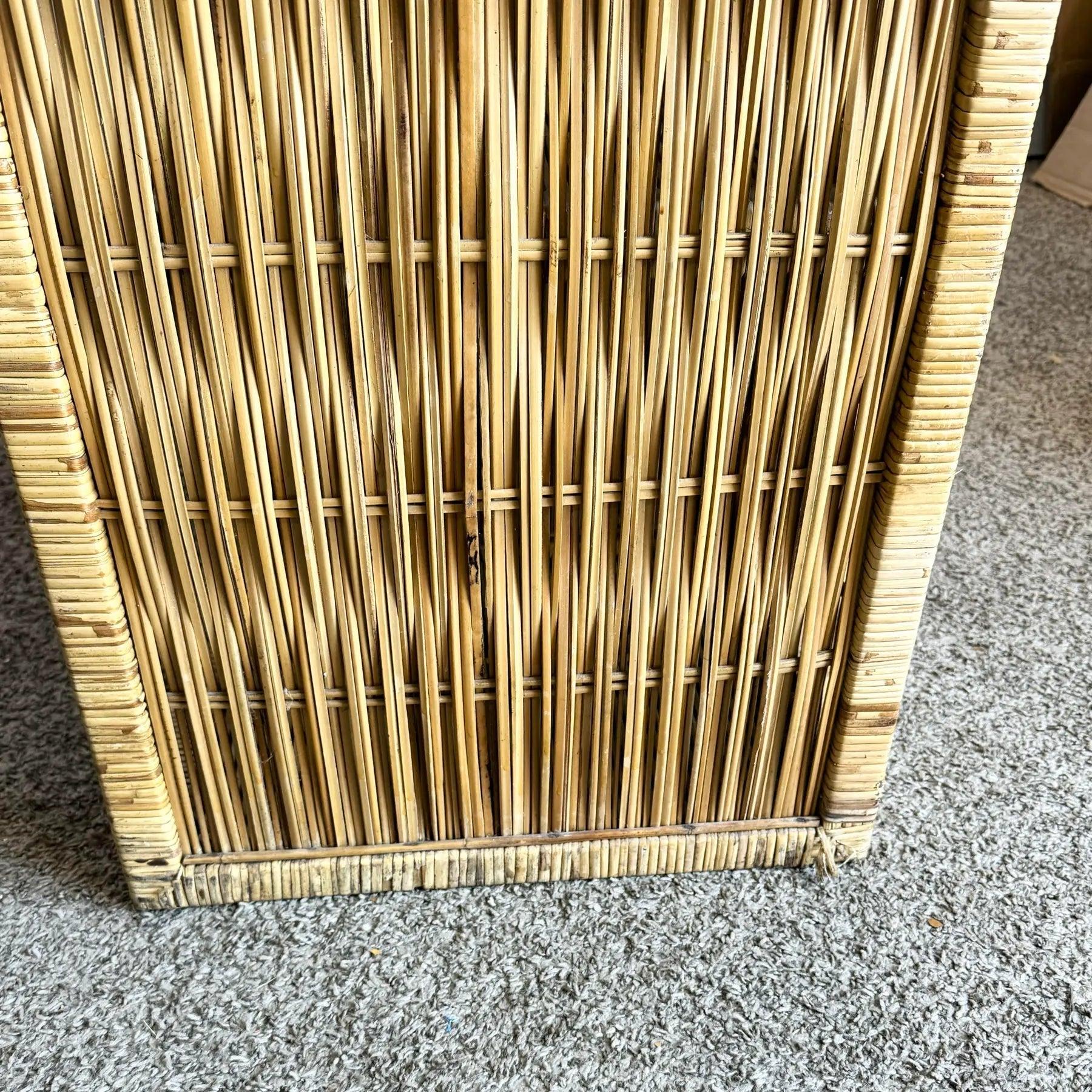 Vintage Boho Chic Wicker Credenza with woven rattan frame, open shelving, and concealed storage—perfect for coastal or bohemian interiors.
 
 Wear and breaking to the wrapping around the base as shown in the photos. Also scratch marks on one of the