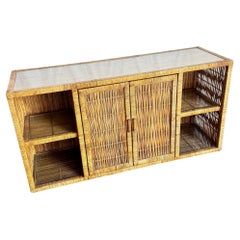 Vintage Boho Chic Wicker Credenza With Inlaid Glass