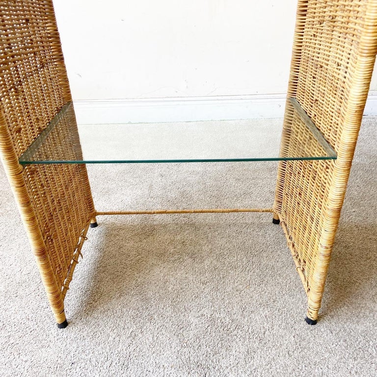Vintage Boho Chic Wicker Etageres with Glass Shelves, a Pair For Sale