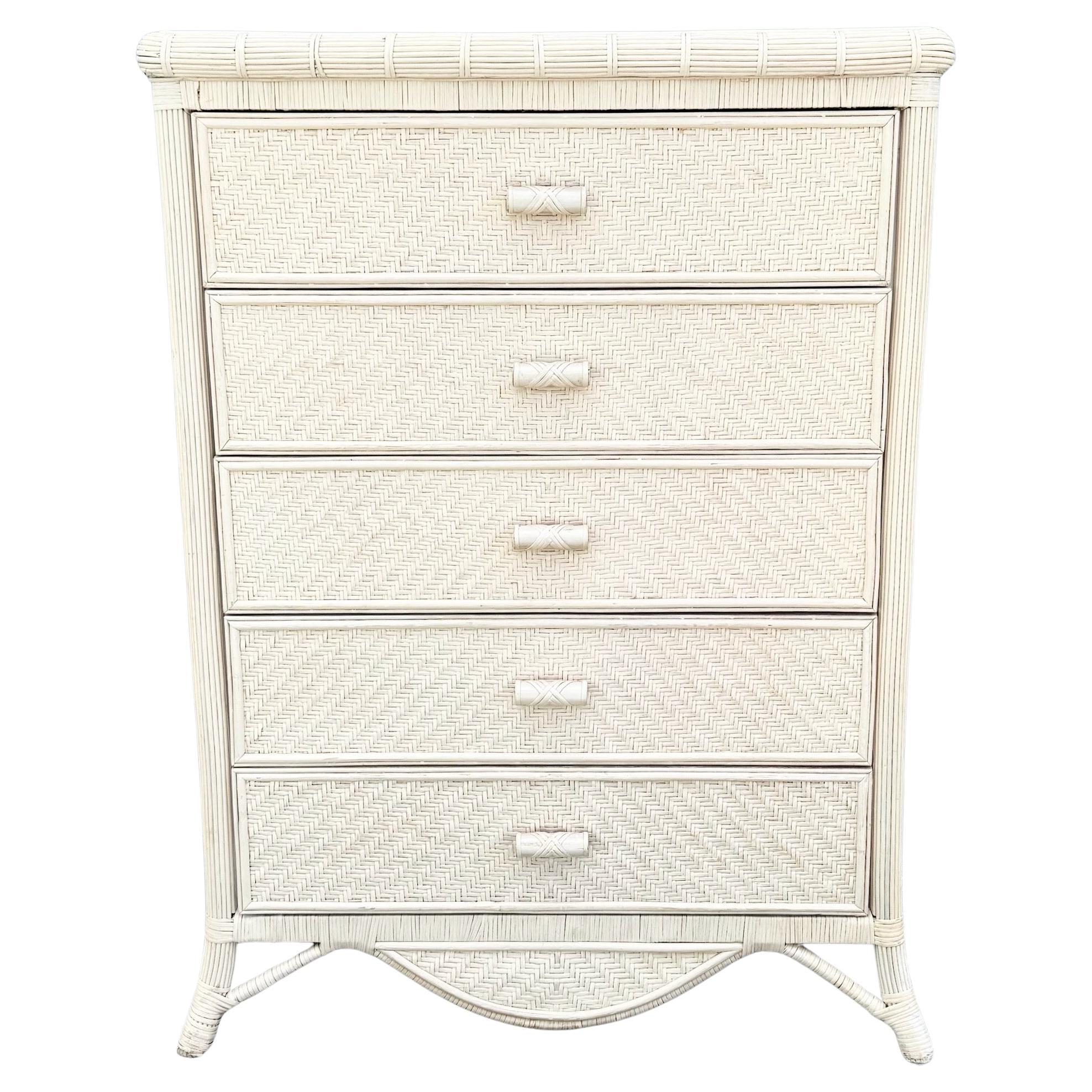 Vintage Boho Chic Wicker Highboy Dresser For Sale