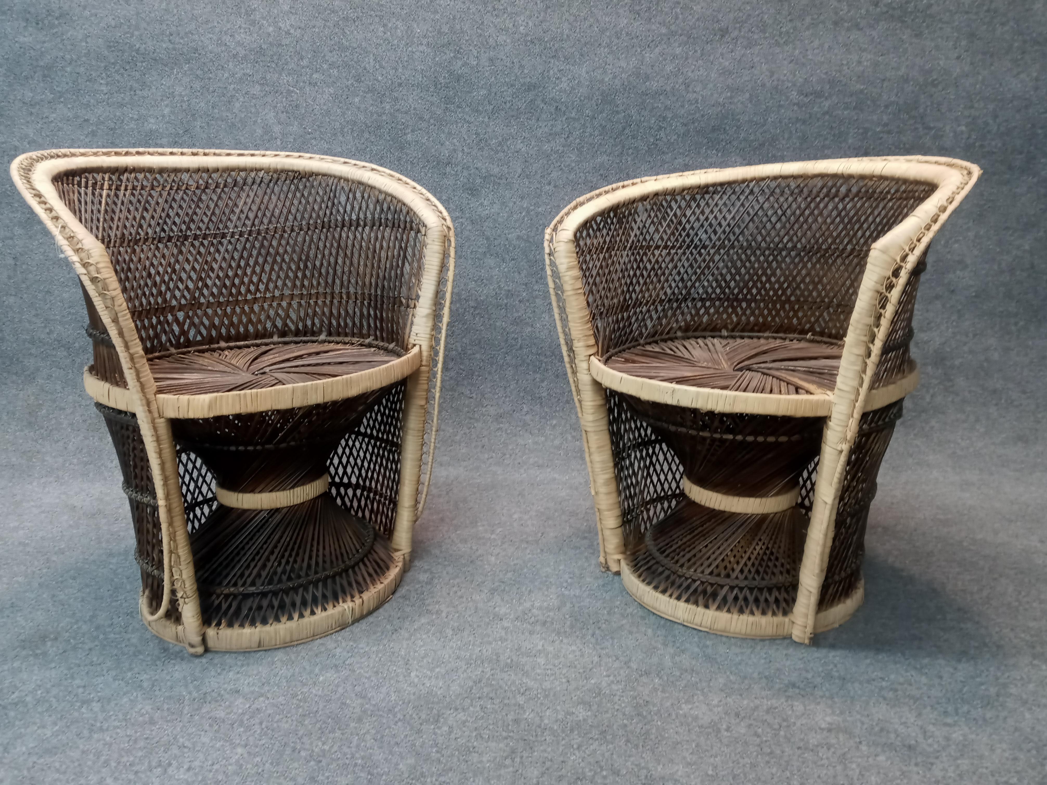 American Vintage Boho Chic Wicker, Rattan, Bamboo, Pair of Chairs & Matching Table Set
