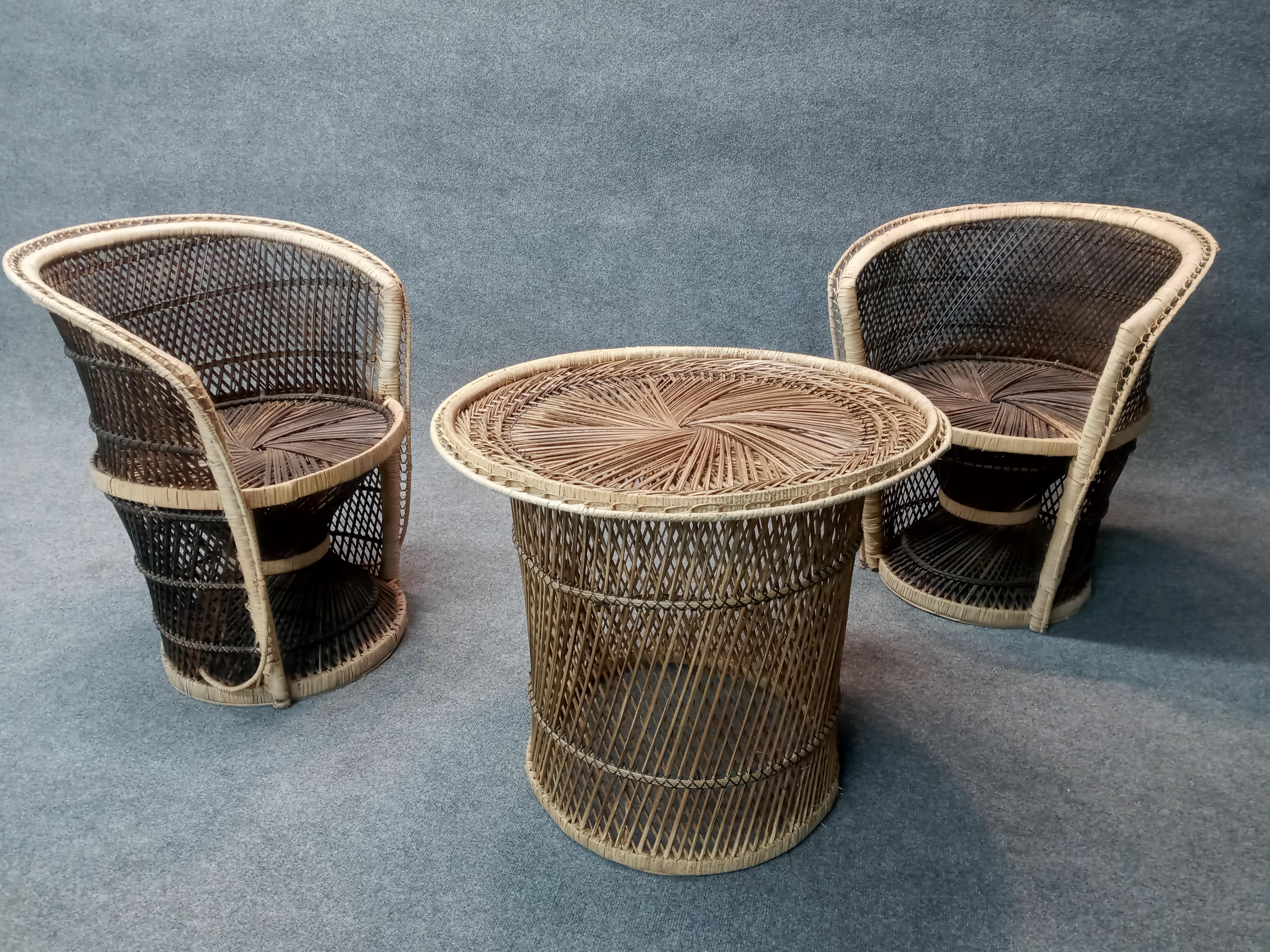 Vintage Boho Chic Wicker, Rattan, Bamboo, Pair of Chairs & Matching Table Set 1