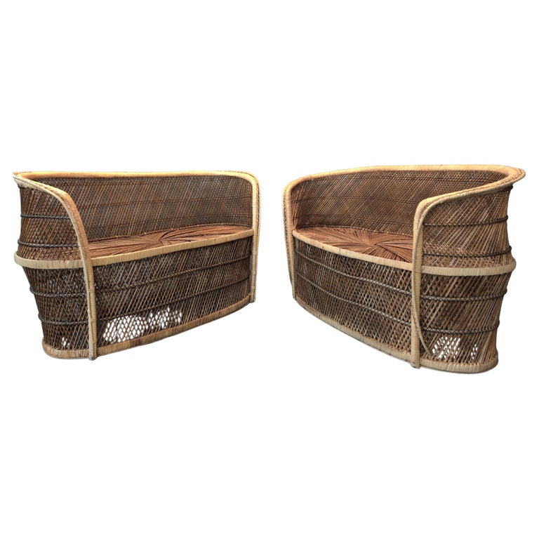 Vintage Boho Chic Wicker, Rattan, Bamboo, Pair of Matching Loveseats