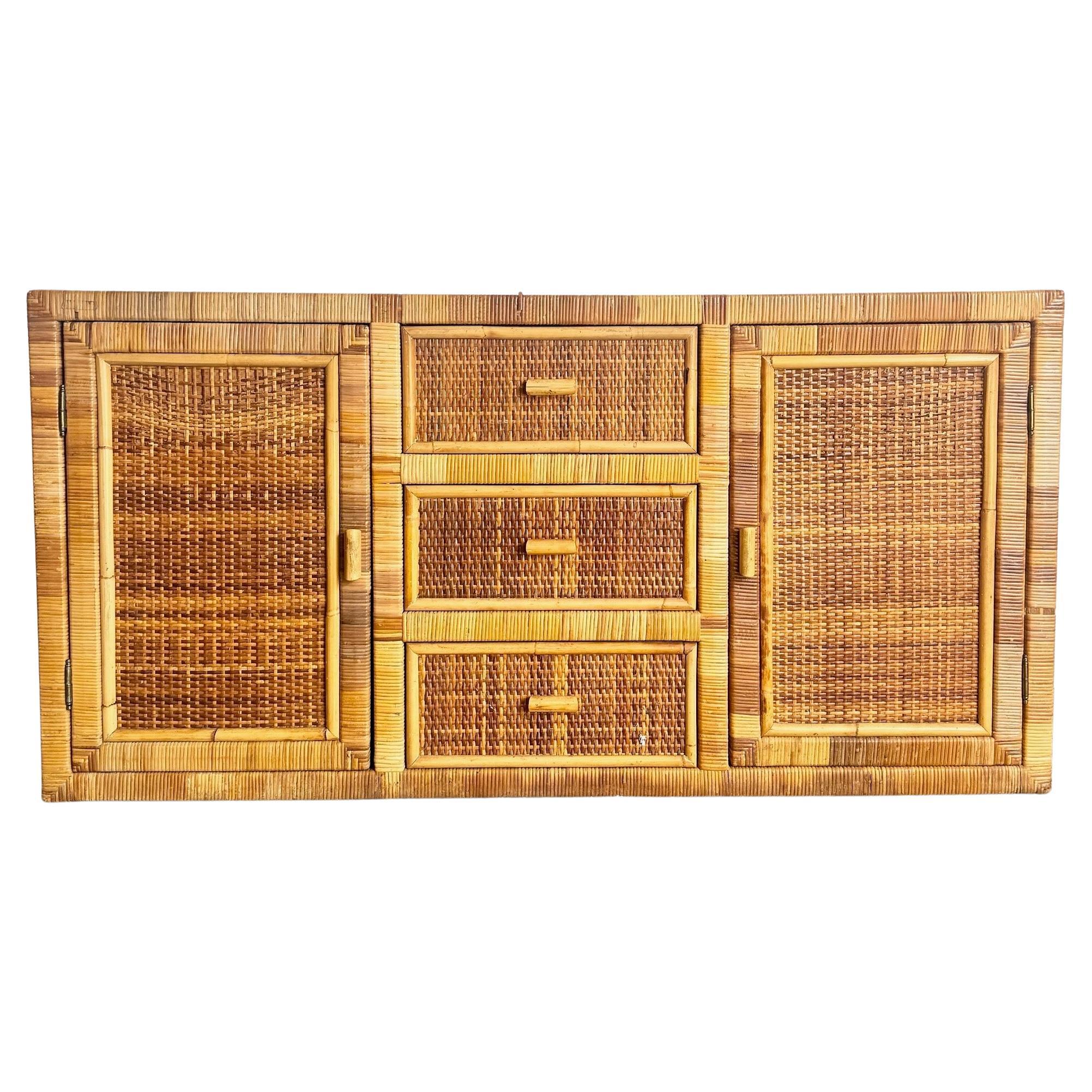 Vintage Boho Chic Wicker Wrapped Credenza