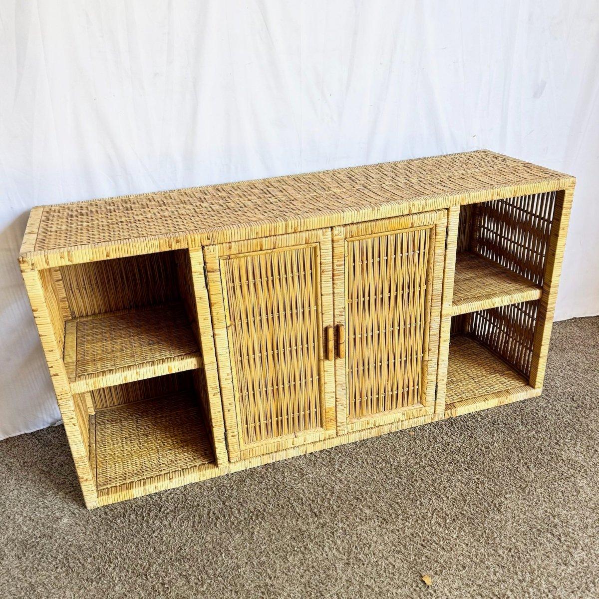 Boho Chic Wicker Credenza blends organic rattan texture with functional storage, bringing coastal elegance and timeless boho charm to interiors.
 

 We sell items as acquired, without restoring or repairing. Vintage pieces may have age-related wear.