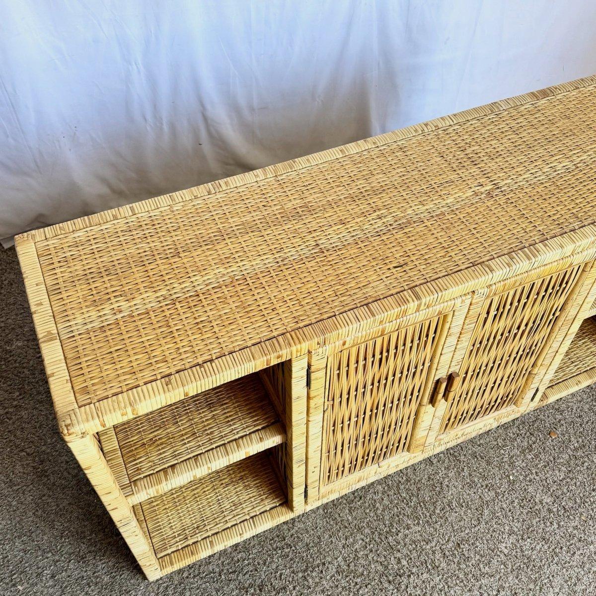 Vintage Boho Chic Woven Wicker Credenza For Sale 3