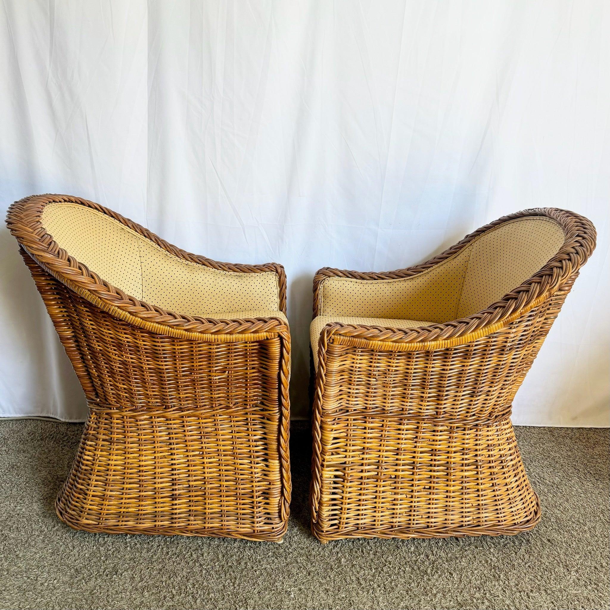 Fine XX secolo Vintage Boho Chic Woven Wicker Dining Arm Chairs - Set of 4 in vendita