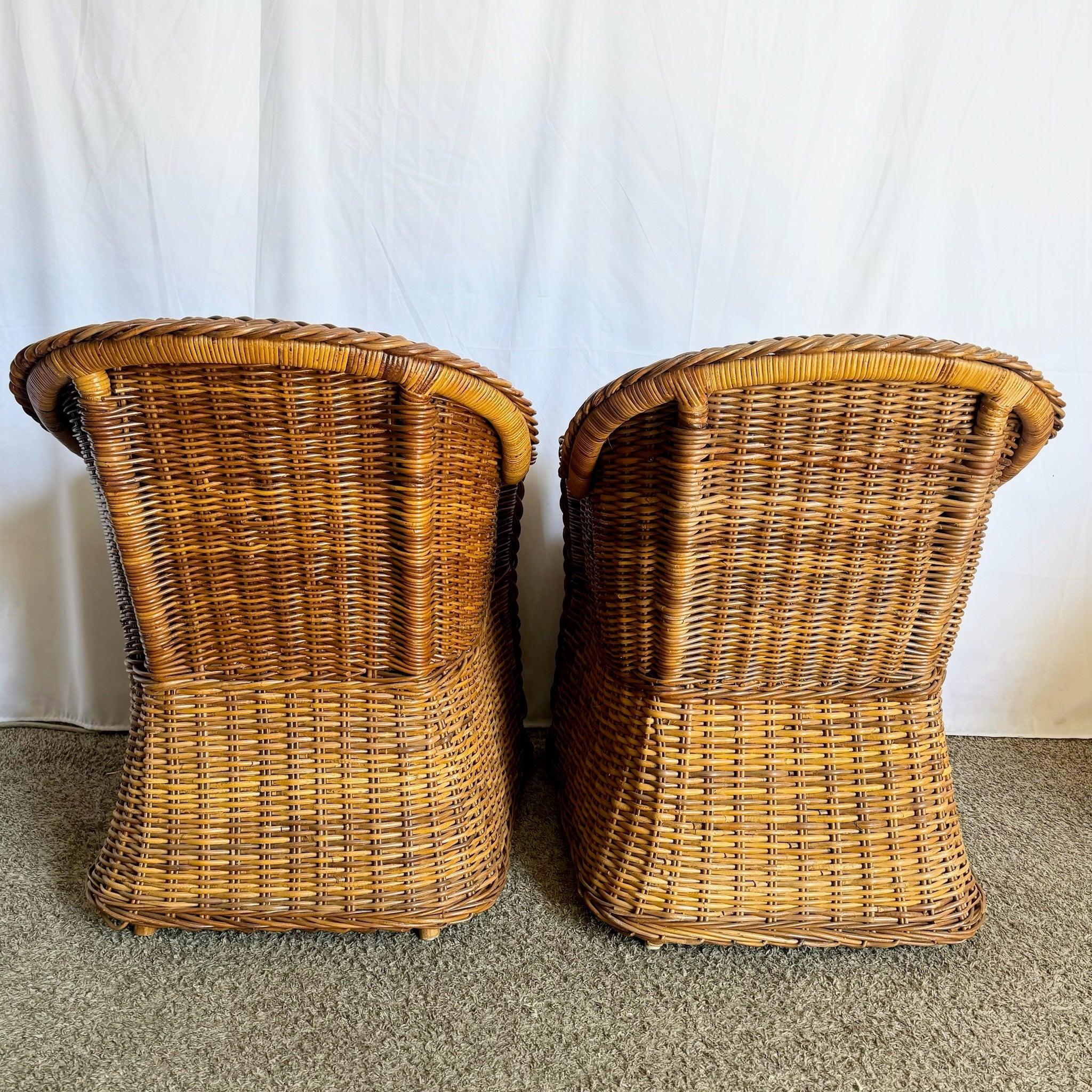 Vimini Vintage Boho Chic Woven Wicker Dining Arm Chairs - Set of 4 in vendita