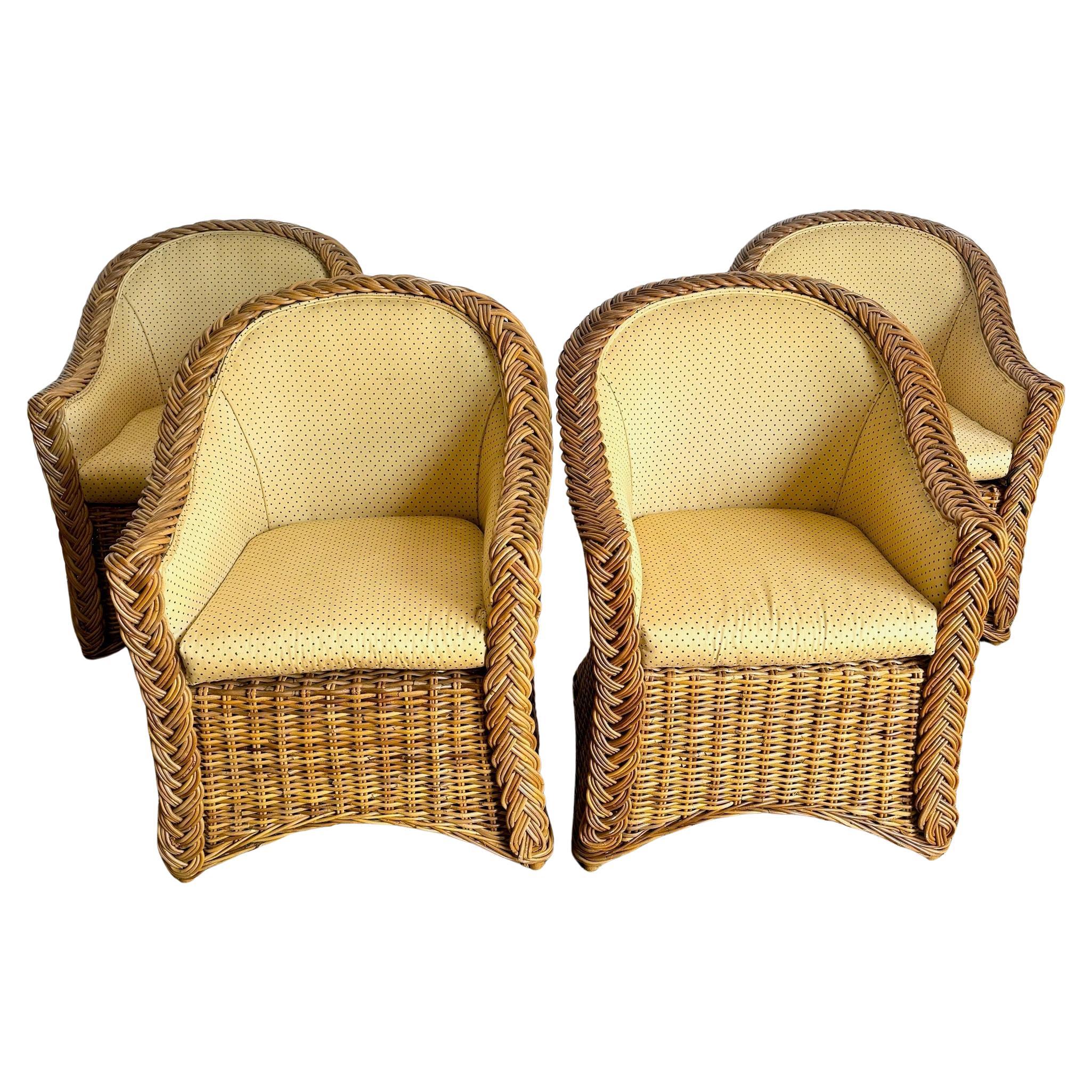 Vintage Boho Chic Woven Wicker Dining Arm Chairs - Set of 4
