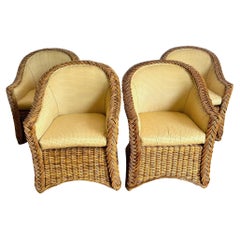 Vintage Boho Chic Woven Wicker Dining Arm Chairs - Set of 4