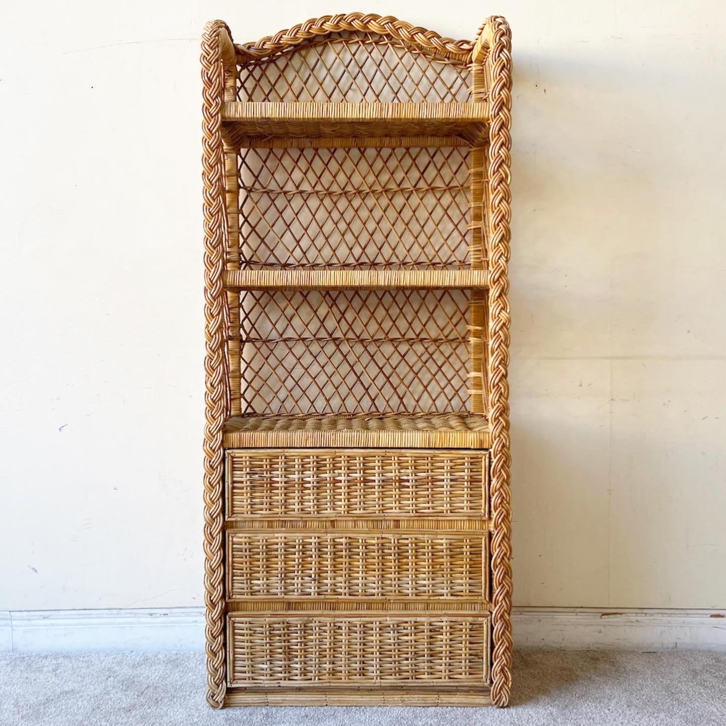 Incredible vintage bohemian bookshelf/Etagere. Features a woven wicker throughout the entire piece.
 